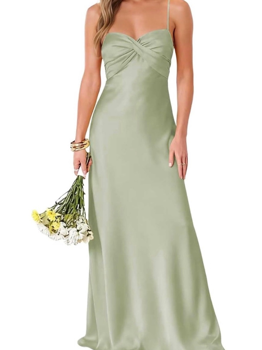 Satin Spaghetti Strap Bridesmaid Dress in Sage Green